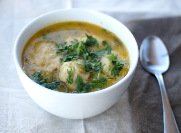 vegetable soup with gouda dumplings